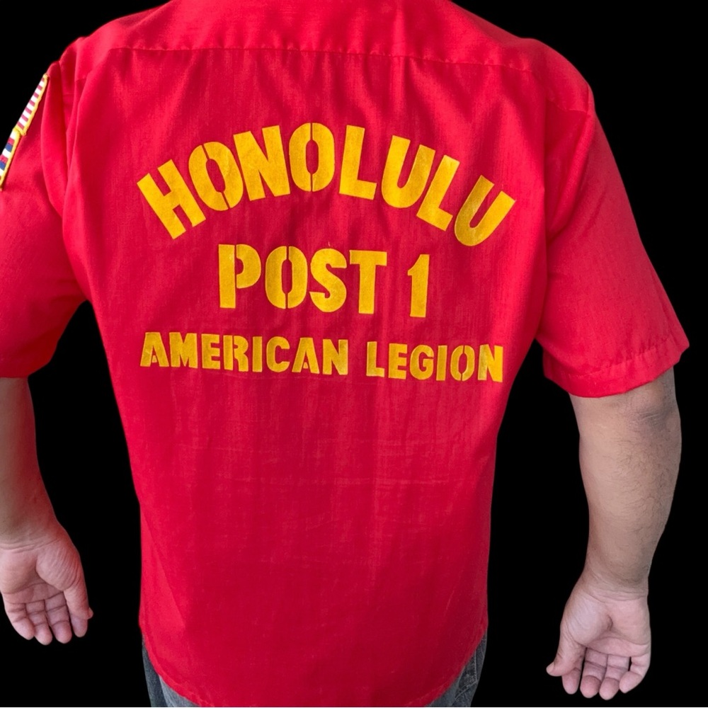 Vintage Hawaii Bowling Shirt American Legion Honolulu Flag Patch Large